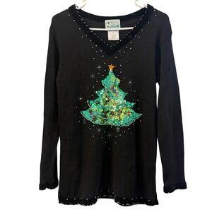 The Quaker Factory Womens Black Christmas Tree Sequin Beaded‎ Sweater XS Holiday